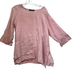 Vivian Shyu Linen Embroidered Layered Oversized Tunic Top Lagenlook Slits Crew L